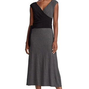 Ralph Lauren Midi Dress Size 14 Gray Black Stretch Jersey Surplice V-Neck